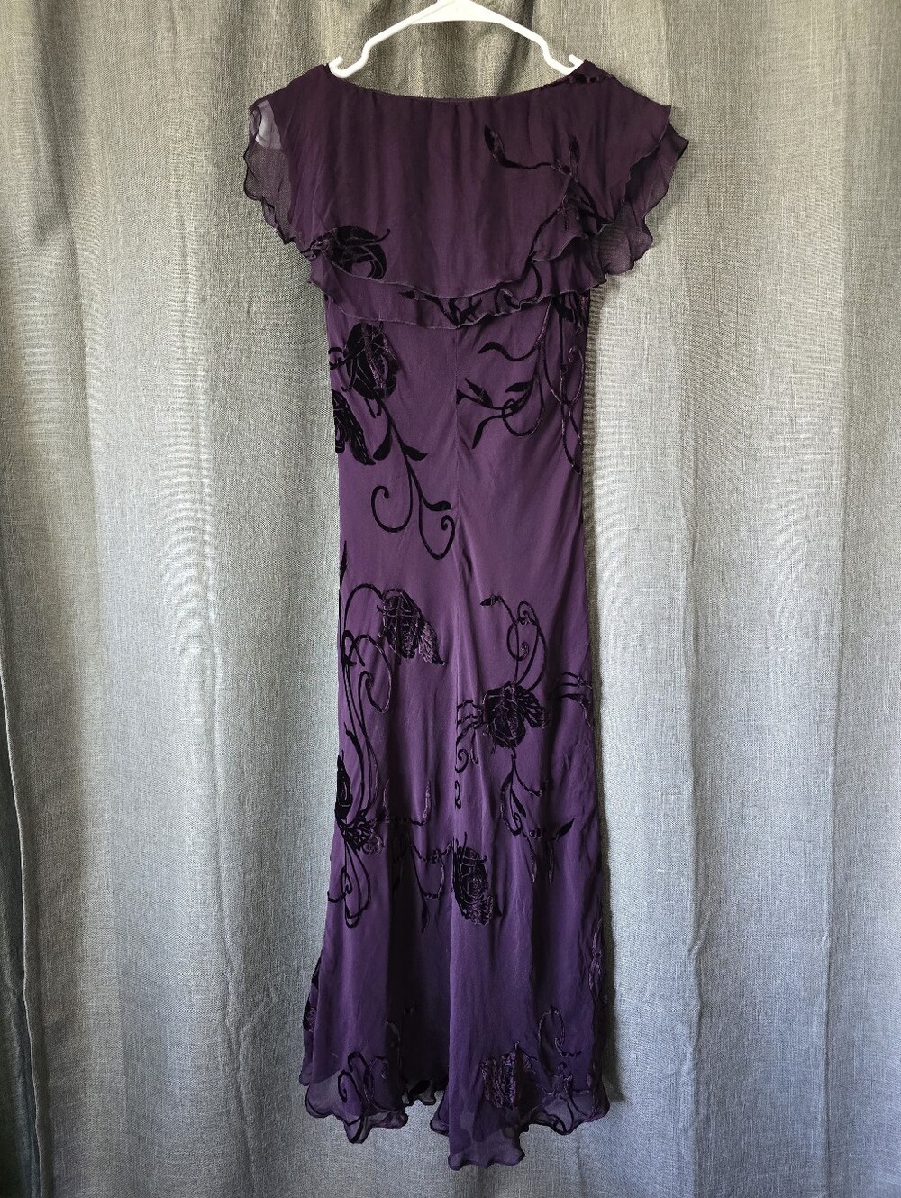 Vtg 90s Jones New York Purple Silk Burnt Velvet Floral Ruffle Midi Dress 6 Fairy - Picture 3 of 4